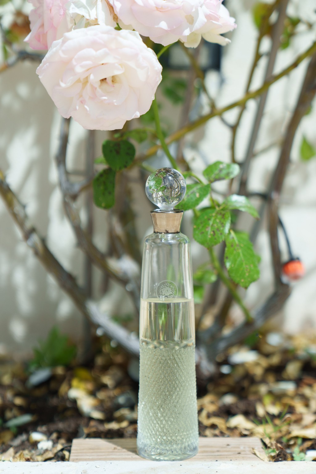 Flacon de parfum en cristal parmi les roses